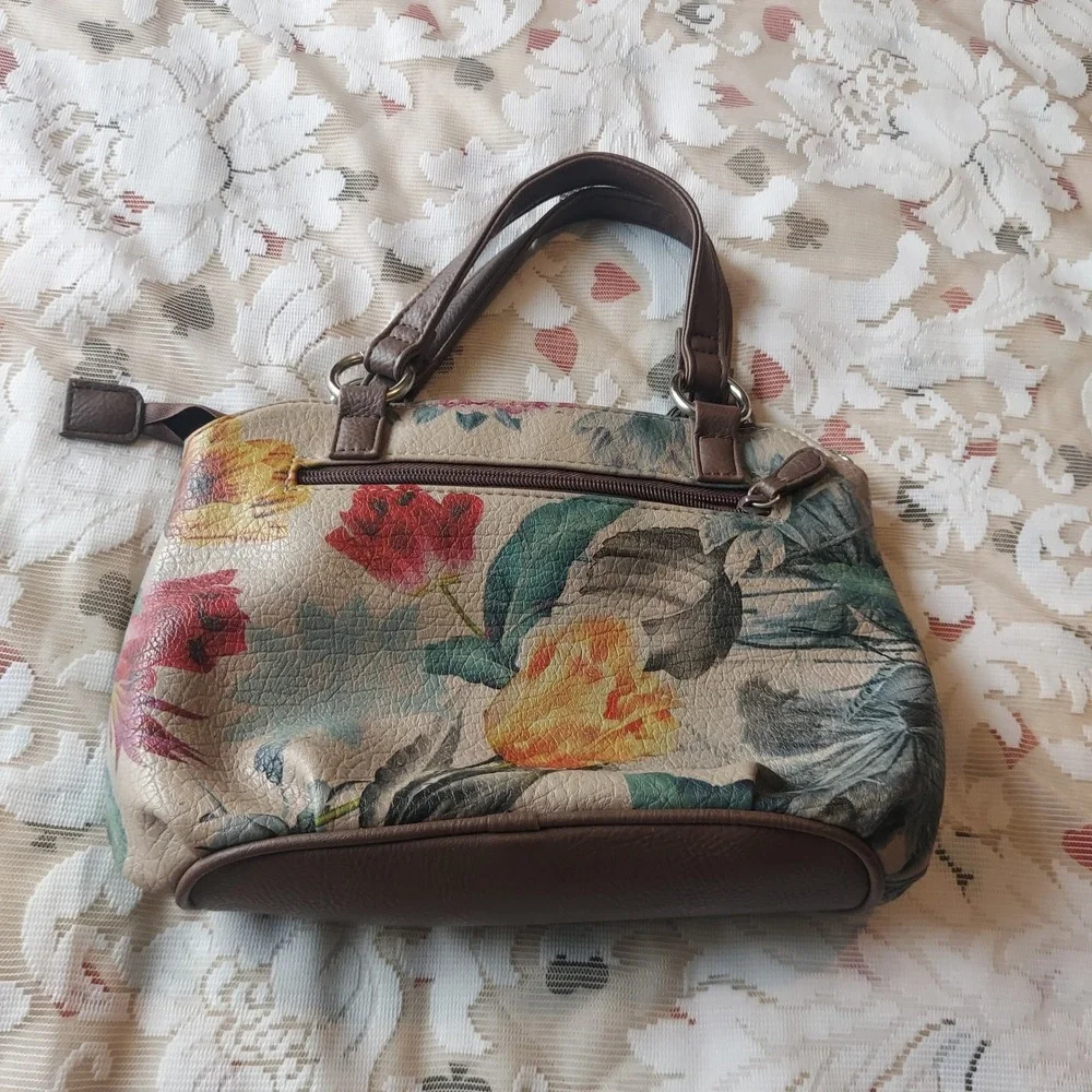 Koltov Floral Satchel Handbag Tan Brown Faux Leather Multi Pocket Bag Womens